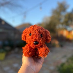 以下が含まれることがあります： 黒い目をした、オレンジブラウンの小さなぬいぐるみ犬。犬は人の手に乗っています。