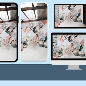 May include: A digital mockup featuring a room scene displayed on a smartphone, a tablet, and a laptop. The room has a geometric wall design with tropical plant imagery, a wire chair, and potted plants. The color palette includes pink, green, and gray.