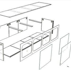 May include: A disassembled flat-pack furniture set with multiple pieces, including shelves, side panels, and a top panel. The pieces are made of wood and are ready to be assembled.