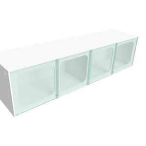 May include: White wall-mounted cabinet with three glass doors. Each door has a frosted glass panel.