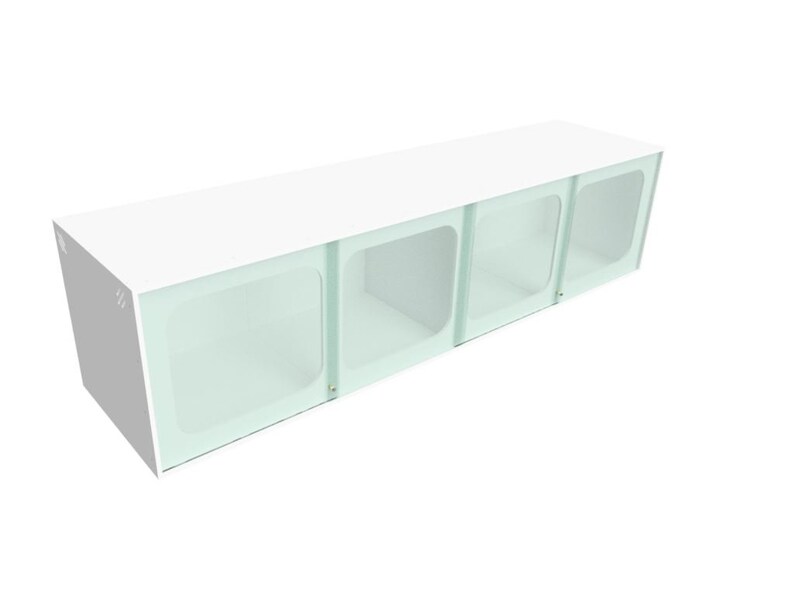 May include: White wall-mounted cabinet with three glass doors. Each door has a frosted glass panel.