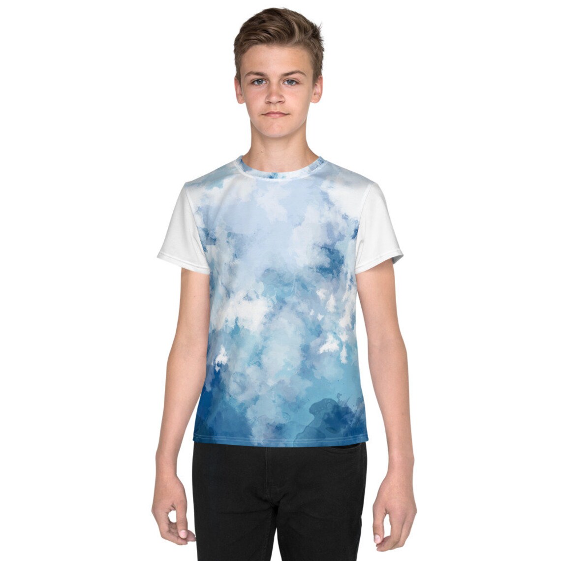 blue shirt with clouds