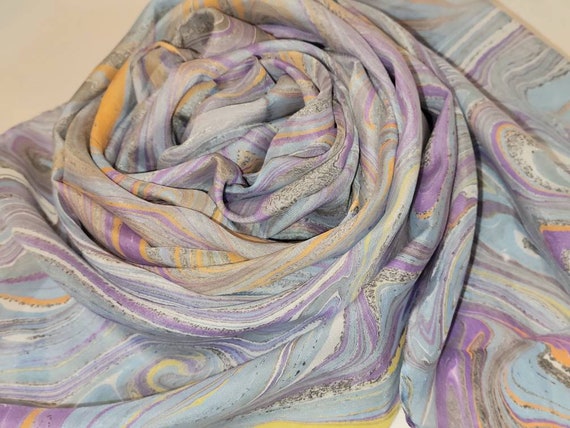 Turquoise Hand Painted EBRU in shades of Blue 100% Silk Scarf Water Marbled Yellow and touches of White Green