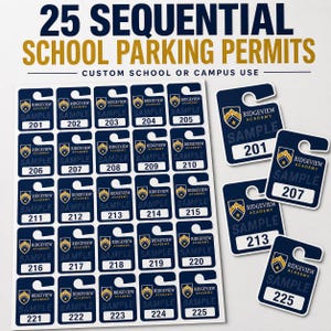 Puede incluir: Una hoja de 25 permisos de estacionamiento rectangulares de color azul oscuro con un corte de gancho, que presentan el logotipo de Ridgeview Academy, la palabra SAMPLE y números secuenciales del 201 al 225. Cuatro permisos individuales se muestran a la derecha.