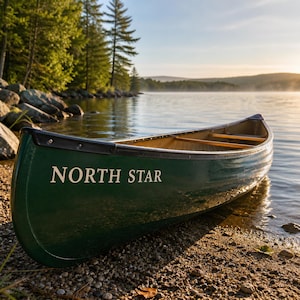 May include: A dark green canoe with the words NORTH STAR printed in white lettering on the side. The canoe features a black trim along the top edge and wooden crossbars inside, resting on a pebbled shoreline near a calm, reflective lake.