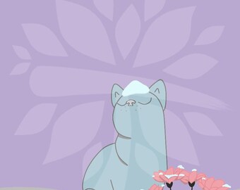Grey & Purple Snowy Flower Cat Vertical Phone Wallpaper Lock Screen