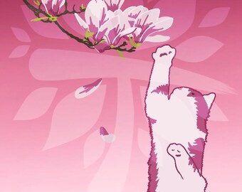 Pink Magnolia Cat Vertical Phone Wallpaper Lock Screen