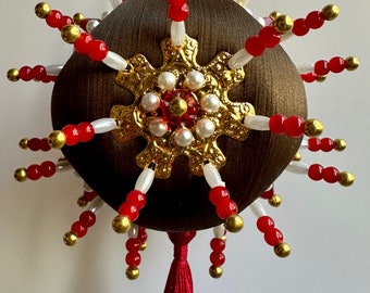 Satin Beaded Christmas Ornament / Vintage-Inspired Pushpin Ornament / Red & Brown Vintage Sputnik Style / Satin Spun Rounded Cube