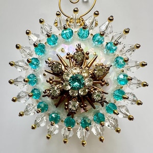 White and Turquoise Blue Rhinestone Snowflake Brooch Sequin Pushpin Christmas Ornament / Handcrafted Beaded Pushpin Ornament