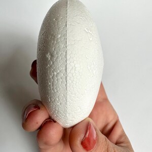 May include: A white styrofoam egg-shaped craft supply. The egg is smooth and has a textured surface.