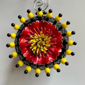 Sequined & Beaded Vintage Inspired Pushpin Ornament / Red Enamel Flower Brooch / Upcycled Jewelry Holiday Decor / Boho Flower Christmas Tree Bild 1