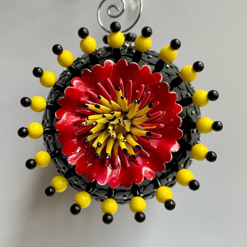 Sequined & Beaded Vintage Inspired Pushpin Ornament / Red Enamel Flower Brooch / Upcycled Jewelry Holiday Decor / Boho Flower Christmas Tree image 1