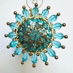 Blue and Gold Rhinestone Snowflake Brooch Ornament / Sequin Pushpin Christmas Ornament / Handcrafted Beaded Pushpin Ornament
