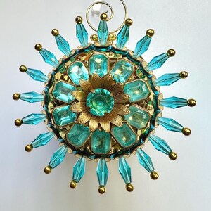 Turquoise Blue Rhinestone Flower Brooch Sequin Pin Christmas Ornament / Handcrafted Vintage-Inspired Beaded Pushpin Heirloom Ornament
