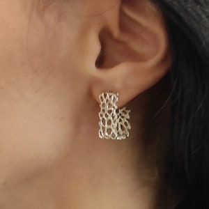 Wide Hoop Silver Earrings,Rectangles Flat Earrings,Architectural Rectangle Hoop Earrings,Medium Perforated Hoop Earrings Modern Jewelry S12 image 1