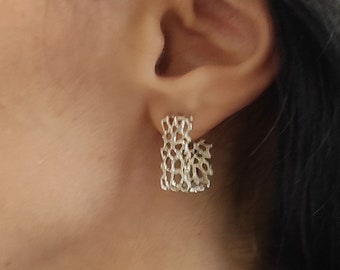 Wide Hoop Silver Earrings,Rectangles Flat  Earrings,Architectural Rectangle Hoop Earrings,Medium Perforated Hoop Earrings Modern Jewelry S12