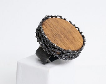 Oxidized Silver Ring, 925 Sterling Silver Round Ring with Limba Wood, Round Silver Ring For Women.