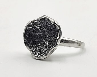 Concave Organic Silver Ring, Solid Sterling Silver Domed Bowl Ring, Unique Silver Ring, Oxidized Silver Textured Bowl Ring, Organic Design.