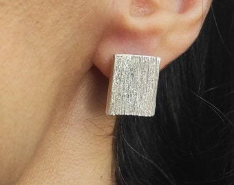 Concave rectangle stud earrings, Silver Geometric Earrings, Wide 925 Earrings,Contemporary Modern Earrings ,Textured Silver Studs S3.