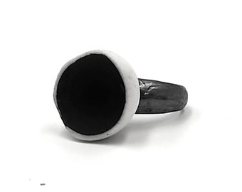 Statement Oxidized Sterling Silver Ring,Bowl Porcelain Black and White, Concave Porcelain,Geometric Ring,Ceramic Jewelry, P3.