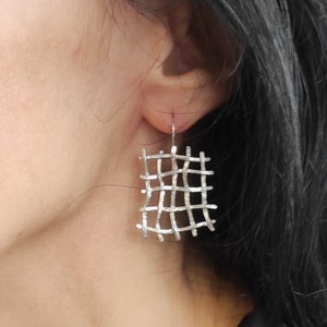 Square Dangle Sterling Silver Earrings Braided Irregular Wire 925 Silver Earrings Handmade Contemporary Earrings Dangle .
