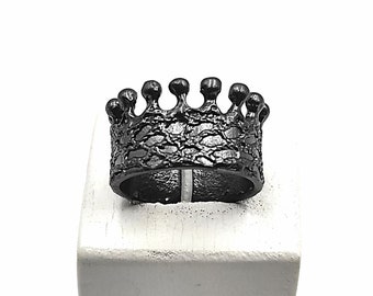 Crown Silver Textured Ring,Oxidized Sterling Silver Wide Band Ring,Statement Crown Band Ring For Women,S15.
