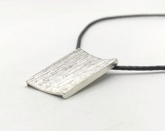 Rectangle Concave Silver Pendant,Big Wide Pendant Necklace,Silver Textured Pendant On Silk Cord Pendant,Geometric Pendant,Modern Jewelry S3.