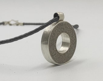 Open Circle Pendant Necklace, Contemporary Round Pendant With Concrete, Geometric Sterling Silver Pendant On Silk Cord C1.