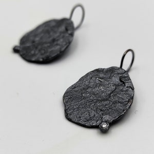 Textured Sterling Silver Dangle Earrings Oxidized 925 Silver Irregular Earrings With Zircon  Contemporary Dangle Earrings With Uneven Shape