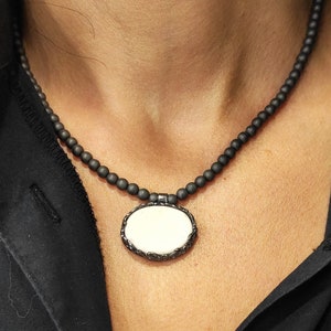 Hematite Necklace with White Porcelain Tied with Oxidized Silver Porcelain Pendant White Porcelain Necklace Woman Ceramic Jewels P2. image 1