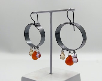 Sterling Silver Oxidized  Earrings,Textured Earrings, Geometric Jewelry With Carnelian And Ametrine  Faceted Tear Drops.A2