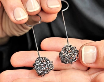 Oxidized Sterling Silver Earrings With Ball, Oxidized Silver Grid Ball Earrings, Dangle Ball Earrings S20.