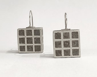 Square Concrete Silver Earrings Geometric Architectural Earrings Industrial Earrings Dangle Drop Square Earrings Contemporary Jewelry, C5.
