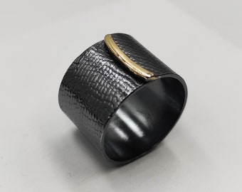 Wide Band Textured Ring Open Oxidized Silver For Women Open  Silver Ring With 14k Gold Adjustable Wide  Ring Contemporary Jewelry.