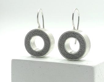 Pendientes colgantes de círculo abierto, pendientes redondos colgantes de hormigón, pendientes geométricos, pendientes de plata y cemento, joyería contemporánea, C1.