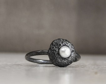 Oxidized Silver Pearl Ring Stackable Ring  Minimalist Ring Dainty Ring Solid Silver Textured Black Ring Asymmetrical Round Pearl Ring S22.