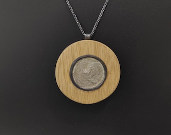 Big Round Wood Pendant Wood Disc with Concrete Statement Pendant Necklace Oxidized Silver with Wood and Concrete  Contemporary Jewelry,W1.