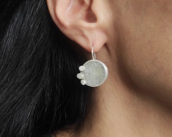 Silver Dangle Round Earrings,Modern Concrete Dangle Earrings,Geometric Earrings,Round Silver and Cement Earrings, Contemporary jewelry.