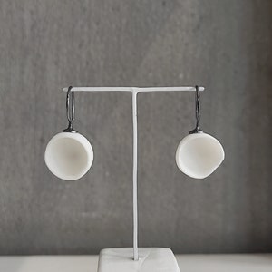 White Matte Porcelain Earrings Oxidized Silver Dangle Concave Porcelain Drop Earrings Ceramic Earrings Dangle Drop Ceramic Jewelry,P3