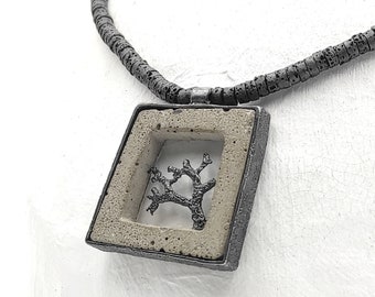 Square Concrete Silver Pendant,Lava Necklace With Irregular Square Concrete Pendant,Concrete Art Jewelry,Geometric Concrete Necklace.