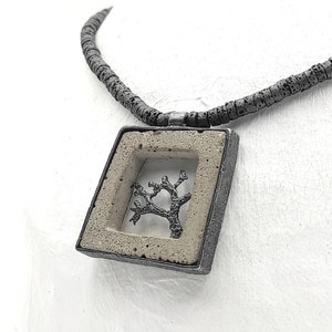 Square Concrete Silver Pendant,Lava Necklace With Irregular Square Concrete Pendant,Concrete Art Jewelry,Geometric Concrete Necklace.