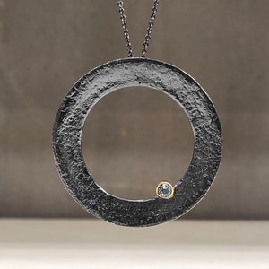 Wide Circle Silver Pendant,Oxidized Round Pendant With Aquamarine,Long Black Necklace,Geometric Textured Pendant,Contemporary Jewelery S8