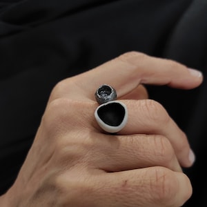 Double Oxidized Silver Ring Black Ring With Porcelain Adjustable Ring Open Silver Ring White  Porcelain Ring Contemporary Jewelry P3.