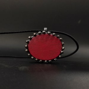 Red Wood Pendant Necklace Oxidized Silver Pendant with Wood Oval Pendant On Silk Cord  Handmade Jewelry Black Textured Pendant W3
