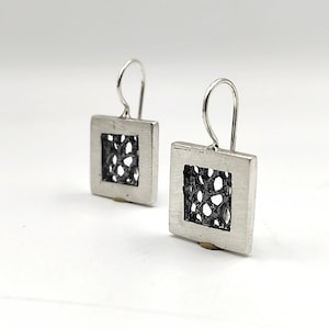 Square Dangle Silver Earrings Sterling Silver Earrings Dangle Hook Earrings Geometric Silver Earrings Square Earrings Bicolor Earrings.