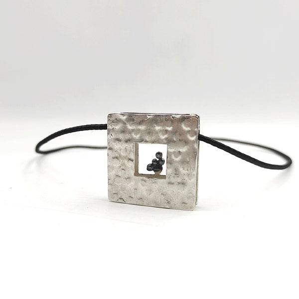 Square Silver Pendant Necklace Statement Pendant Necklace Pendant On Black Silk Cord Geometric Pendant Necklace Handmade Jewelry.