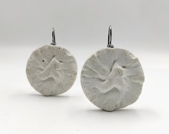 Embossed Concrete Disc Earrings White Concrete Earrings Dangle Disc Earrings Geometric Earrings Architectural Earrings Statement Earrings.