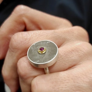 Op de afbeelding: Een zilveren ring met een ronde, getextureerde grijze bovenkant. De bovenkant heeft een kleine, rode edelsteen die is gezet in een gouden zetting.