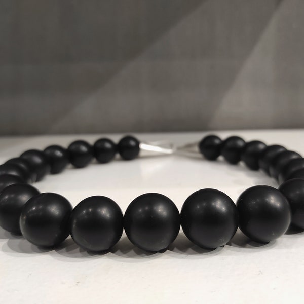 Black Onyx Bead Necklace Statement Matte Onyx 18mm with Sterling Silver Hooks Clasp Large Black Matte Onyx Necklace Choker Necklace.