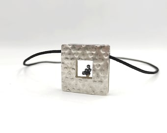 Square Silver Pendant Necklace Statement Pendant Necklace Pendant On Black Silk Cord Geometric Pendant Necklace Handmade Jewelry.